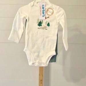 Carters Long Sleeve Bodysuit Pants Set Jolly Reindeer Trees Green White Stripe